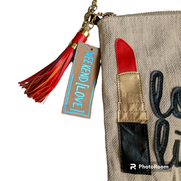 Weekend [Love] Crossbody Bag Love & Lipstick Makeup Clutch Tan Black & Red - Picture 5 of 10